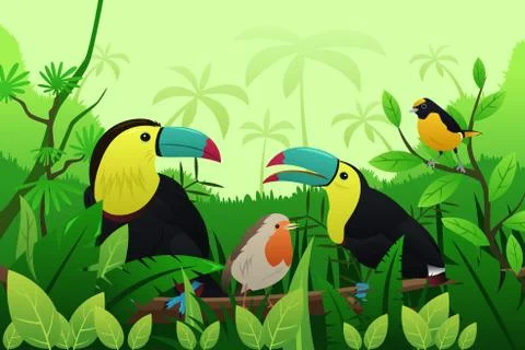 Birds Resting on Branches of Tree Stock Illustration