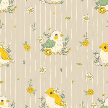 Birds Seamless Pattern With Flowers And Stripes Whimsical Handdrawn Spring .. イラスト素材
