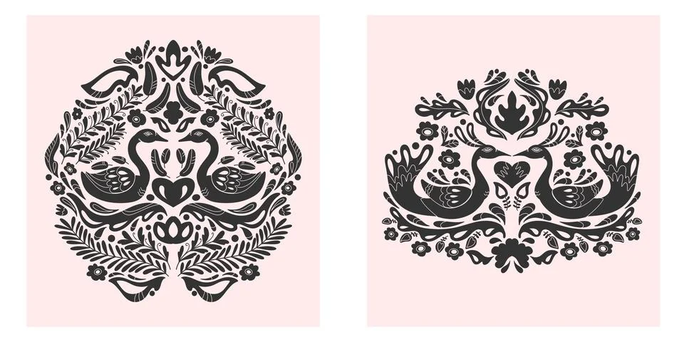Birds set. Folk-style pattern, symmetrical, detailed, vector element. Rustic, イラスト素材