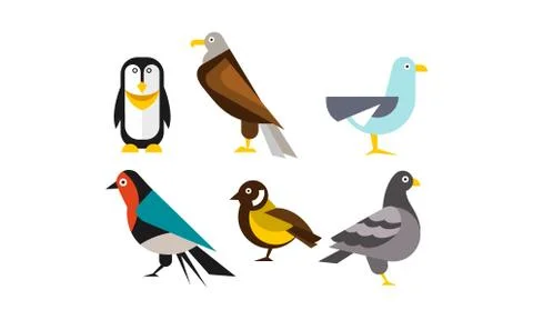 Birds set, penguin, eagle, gull, pigeon vector Illustration Stock Illustration