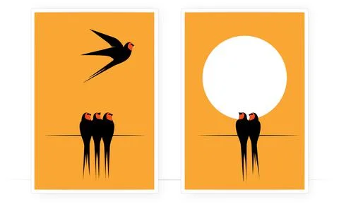 Birds Silhouettes on Branch on sunset, Vector. Birds swallow silhouette Stock Illustration