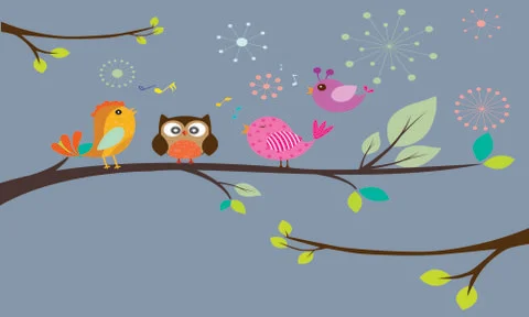 Birds singing tree background with colored style Illustrazione stock