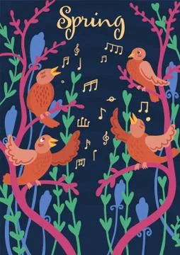 Birds sit on the branches and sing music. Vector illustration. Spring with Stock-Illustration