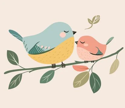 Birds sit on the tree branch vector illustration, design element for greeting ca Stock Illustration