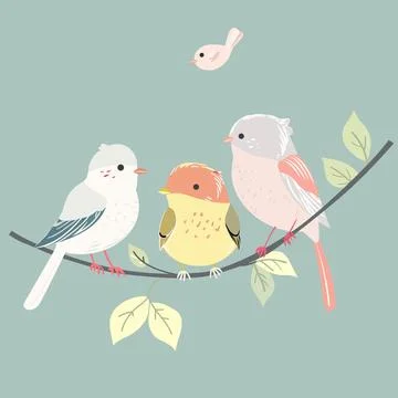 Birds sit on the tree branch vector illustration, design element for greeting ca Stock Illustration