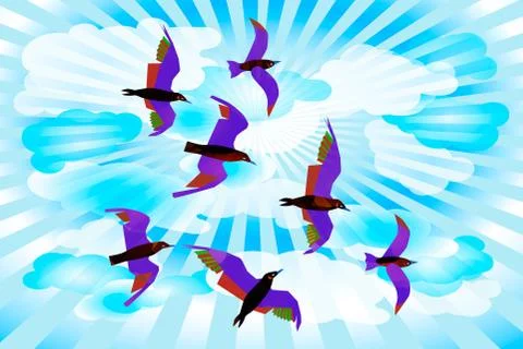 Birds on a sky background with clouds and rays Stock Illustration