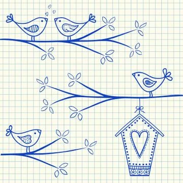 Birds on a tree drawing Stock Illustration