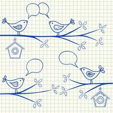 Birds on a tree drawing Stock Illustration