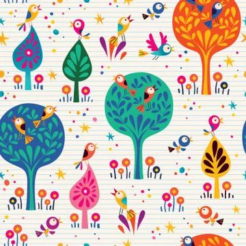 Birds in the trees nature seamless pattern with lined paper background 스톡 일러스트