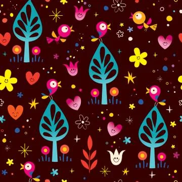 Birds, trees nature seamless pattern Stock Illustration