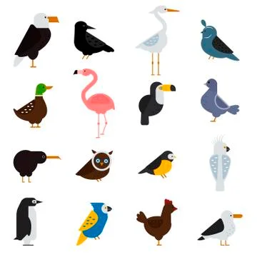 Birds vector set illustration. Eagle, parrot. Pigeon and toucan. Penguins Stock Illustration