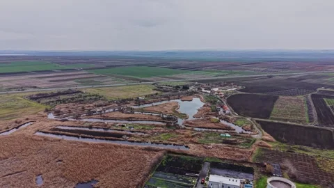 Bird's view of fields and water bodies in rural landscape during daytime Video stock 332211381