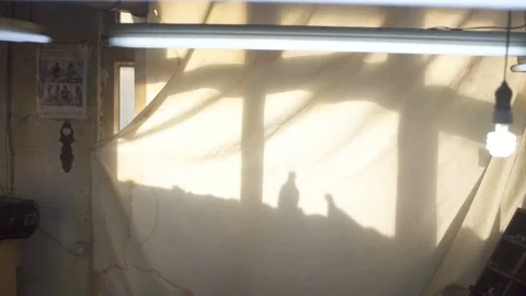 Birds at the window, shadows falling on curtains. Stock Footage 124650897