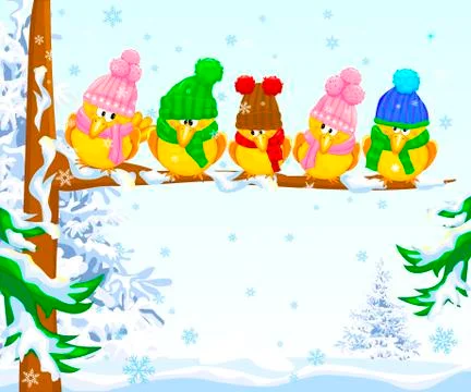 Birds in the winter forest Stock Illustration