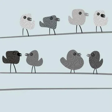 Birds on wire on cloudy day. Stock Illustration