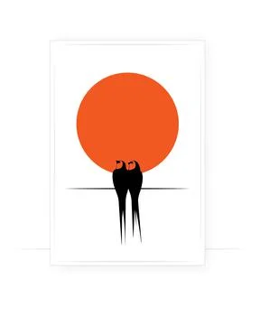 Birds on a wire on sunset, vector. Minimalist poster design Stock Illustration