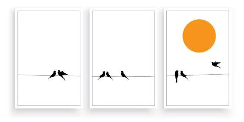 Birds on wire on sunset, vector. Scandinavian minimalist art design Stock Illustration