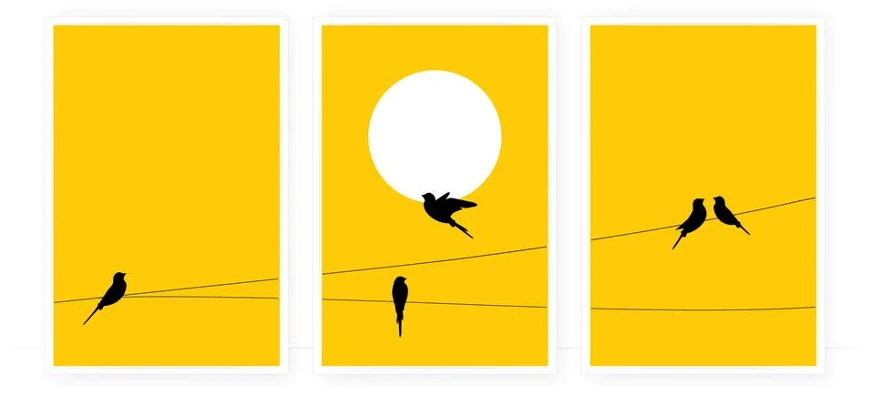 Birds on wire on sunset, vector. Wall decor, birds silhouettes Stock Illustration
