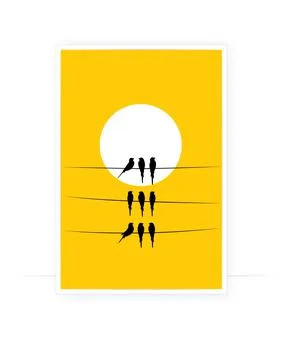 Birds on wire on sunset, vector. Wall decor, birds silhouettes Stock Illustration