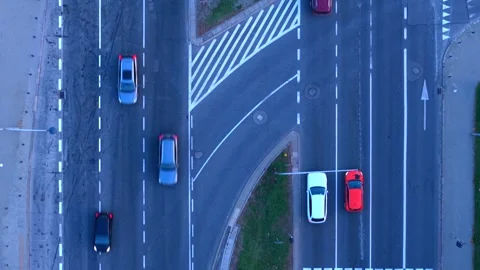 Birdseye Aerial View, Buzzing Evening Street Traffic. Cars on Avenue Lanes, Top Stock Footage 295852739