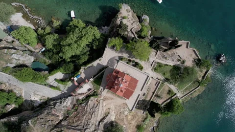 Birdseye top down view of Jovan Kaneo church in Ohrid, Macedonia, aerial Stock Footage 272302605