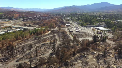Birdseye view of burned area in Phoenix Southern Oregon from Almeda Fire 2020 Stock Footage 140689684