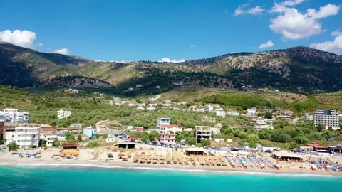 Birdseye view of Himara Beach and Adriatic Sea. Beautiful water Albania Riviera Stock Footage 159460160