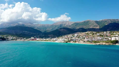 Birdseye view of Himara Beach and Adriatic Sea. Beautiful water Albania Riviera Stock Footage 159460518