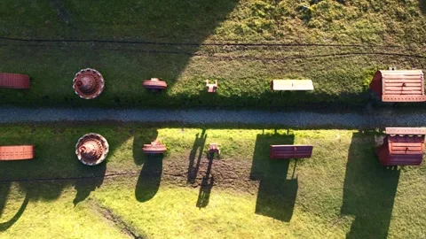 Birdseye View of Path Lined with Rusting Machinery at St. Ninian's Stock Footage 273257669