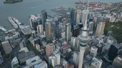Birdseye view of the sky tower and city centre, Auckland, New Zealand Stock Footage 223513017