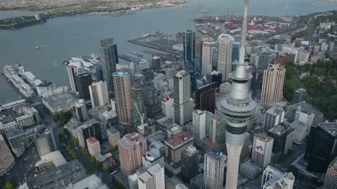 Birdseye view of the sky tower and city centre, Auckland, New Zealand Stock Footage 223513020