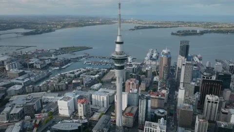 Birdseye view of the sky tower and city centre, Auckland, New Zealand Stock Footage 223514183