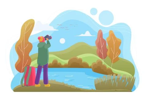 Birdwatcher with binoculars flat vector illustration Stockillustratie