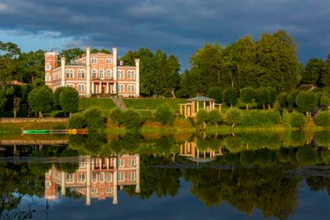 Birini palace and mirror reflection in Birinyu lake, Latvia Stock Photos