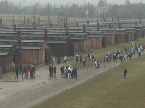 Birkenau Quarters with Visitors Stock Footage 43618924