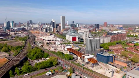 Birmingham Aerial HS2 construction site on Curzon street UK Stock Footage 333594156