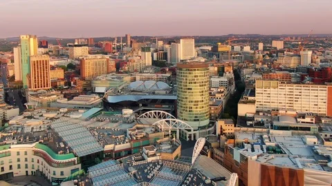 Birmingham aerial view drone rising up at sunrise uk Stock Footage