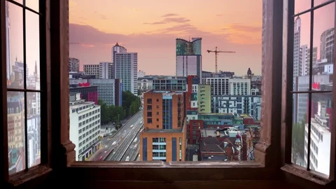 Birmingham city timelapse day to night from window Stock Footage