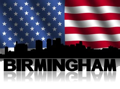 Birmingham skyline and text reflected with rippled american flag illustration Ilustración de archivo