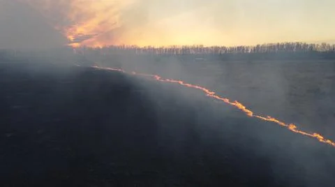 Birning Fields Aerial Shot, Burning Dry Grass, fire in the fields Stock Photos