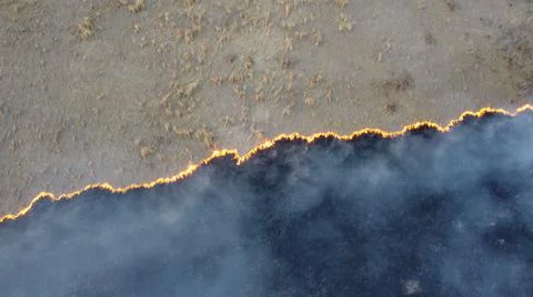 Birning Fields Aerial Shot, Burning Dry Grass, fire in the fields Stock Photos