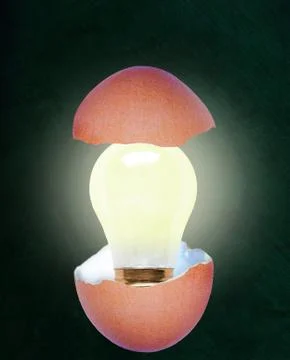 Birth of Bright Idea With Lightbulb Inside Broken Eggshell and Copy Space Stock Photos