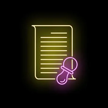 Birth certificate registration document with baby pacifier neon Stock Illustration