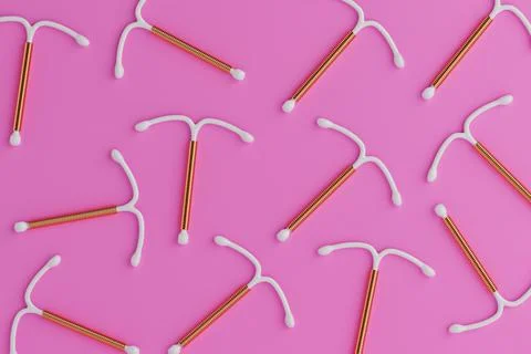 Birth Control Concept. Heap of T Shape IUD Copper Intrauterine Devices. 3d .. Stock Illustration