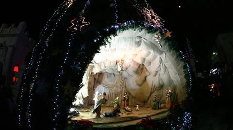 The birth of Jesus scene inside the Christmas tree Stock Footage 33546717