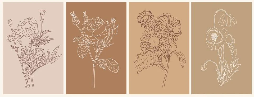 Birth month flowers Line Drawing Print Set. Stock Illustration