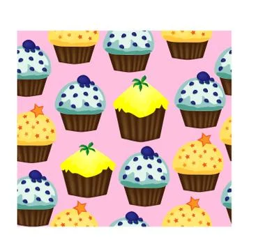 Birthday background. Seamless pattern with cupcakes and muffins. Cute cartoon Stock Illustration