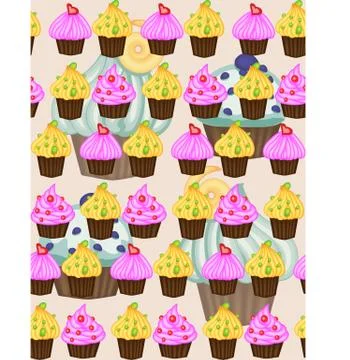 Birthday background. Seamless pattern with cupcakes and muffins. Cute cartoon Stock Illustration