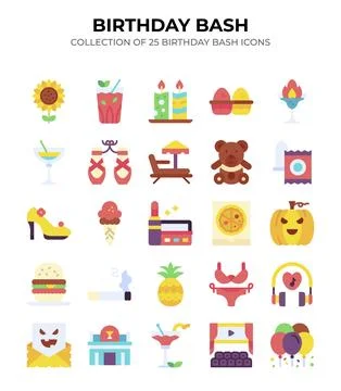 Birthday Bash. 25 Colorful Flat Icons for Party Celebrations 库存插图