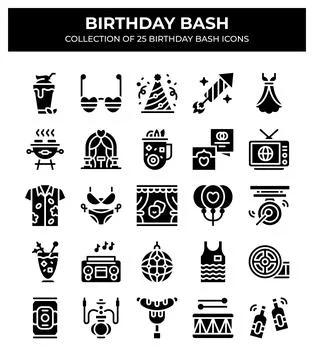 Birthday Bash. 25 Unique Party Icons Collection 库存插图